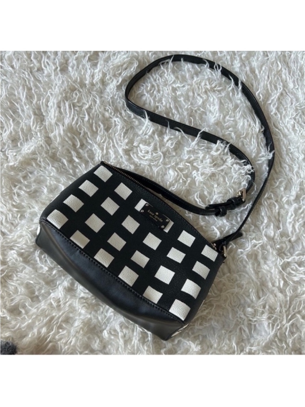 Kate Spade Gingham Print Grove Street Millie Crossbody Bag Zip Top Black White